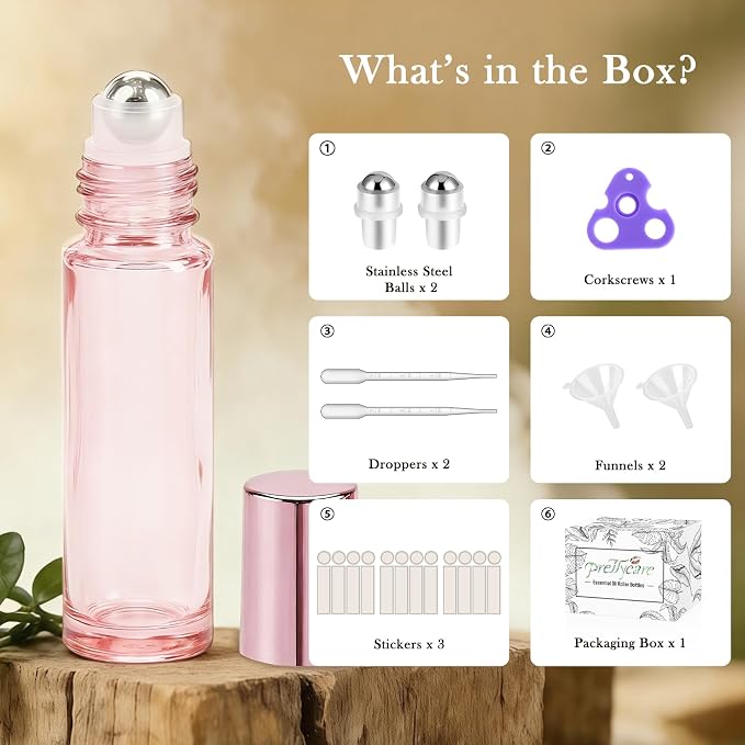 PrettyCare 12 Pack, 10 ml Essential Oil Roller Bottles with Stainless Steel Roller Ball - Refillable Leak-proof Empty Thick Pink Glass Roll on Bottles with Pink Caps for Travel, Perfume