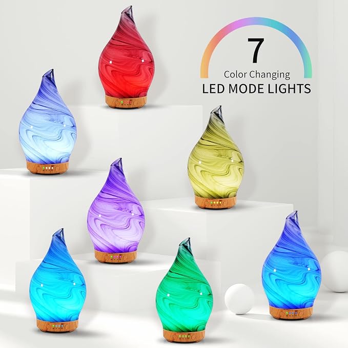Porseme 150ml Essential Oil Diffuser Hand-Blown Glass Aroma Diffusor, Aromatherapy Unltrasonic Cool Mist deffuser, 7 Color Changing, Waterless Shut-Off, Timer Function for Home Office(Ink)