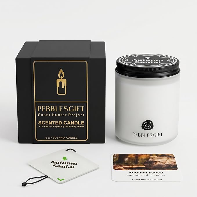 Autumn Santal Woody Scented Candle 9oz Soy Wax Frosted Glass Jar for Home Decor - Scent Hunter Scented Card Included - Ideal Gift for Self-Care & Relaxation for Men & Women Gift