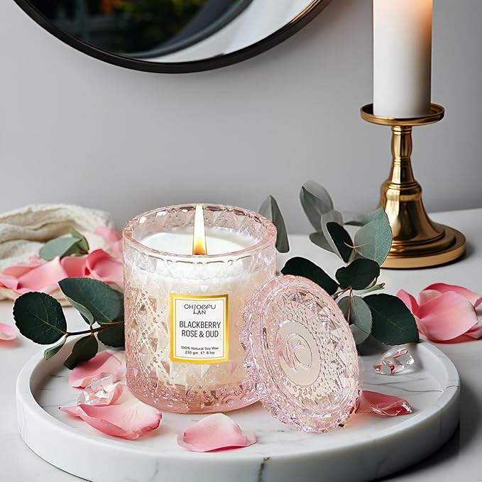 Rose Scented Candle, Oud Candle, Mothers Day Candles Gifts for Women, Pink Candles for Home Scented, 55 Hours Long Burning, 100% Natural Soy Wax