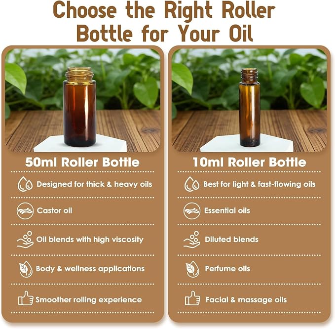 Tiger's Eye Roller Bottles for Essential Oils, 50ml Refillable Amber Glass Roll On Bottles with Natural Crystal Roller Balls, Leak-Proof Travel Perfume Bottle with Gold Caps