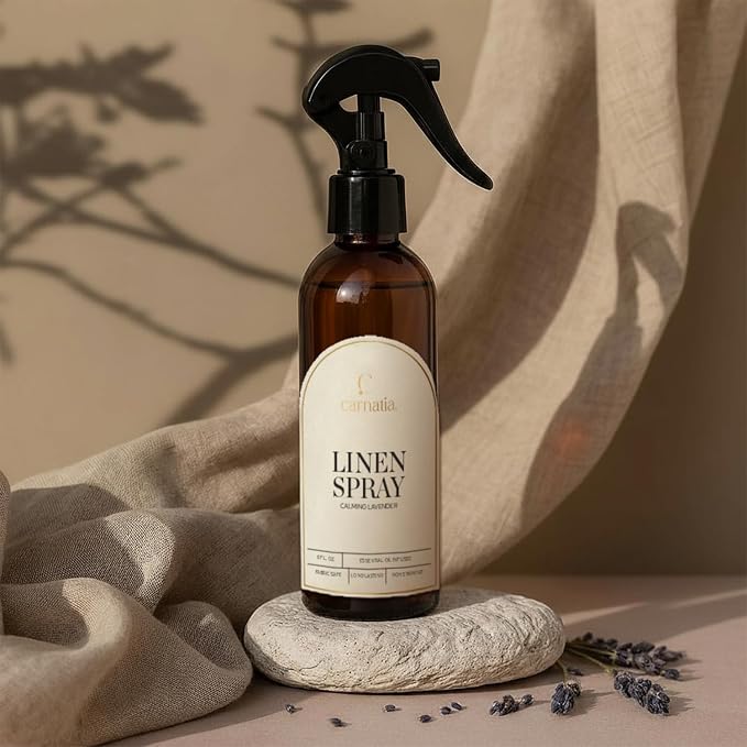 Carnatia Lavender Linen Spray – Calming Aromatherapy Mist with Essential Oils | Relaxing Fabric & Room Spray for Linens, Bedding & Curtains | 8 fl oz Bottle for Soothing Comfort