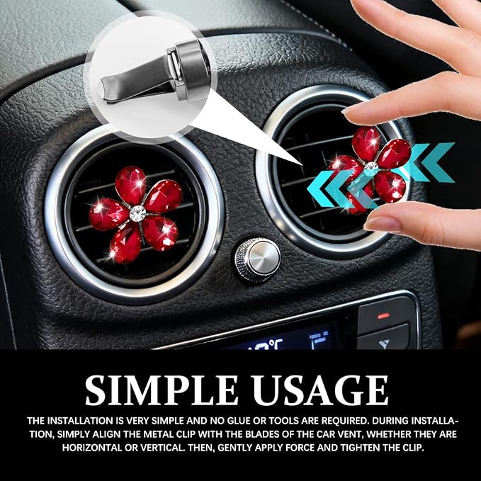 5PCS Bling Daisy Flower Car Air Vent Clips, Car Diffuser Vent Clip, Sparkling Crystal Rhinestone Cute Auto Air Conditioning Clamp, Diamond Air Outlet Clip Decor for Women Girls (Red)