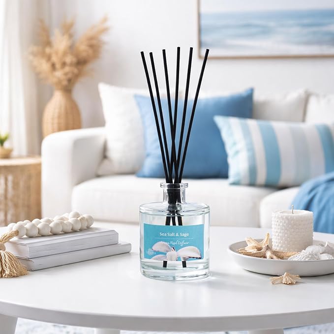 Reed Diffuser Set, Sea Salt & Sage 3.52 oz (100ml) Scented Diffuser with Sticks Home Fragrance Reed Diffuser for Bathroom Shelf Decor, Ideal Gift for Woman
