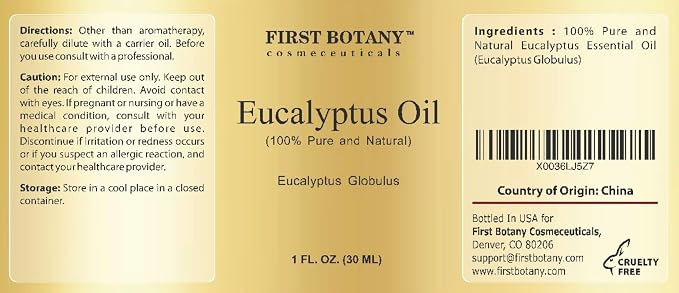 First Botany, 100% Pure Eucalyptus Oil - Premium Eucalyptus Essential Oil for Aromatherapy, Massage, Topical & Household Uses - 1 fl oz