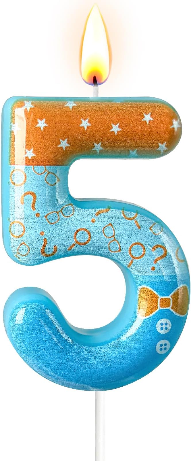 Number 5 Birthday Candle for Cake – Blue Cartoon Outfit Style with Bow Tie, Question Mark & Star Pattern – Fun Cake Topper Decoration for Celebration