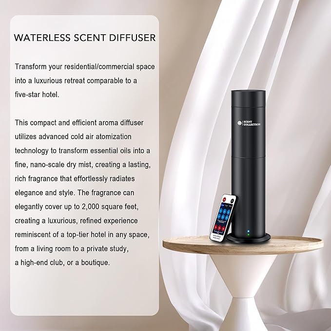Hotel Waterless Scent Diffuser –Essential Oil Diffuser with 6 Hotel Scents, Aromatherapy Nebulizing No Locked Oil Bottle Diffuser Covers up to 700 Sq Ft, Quiet Fragrance Machine for Home, Spa & Office