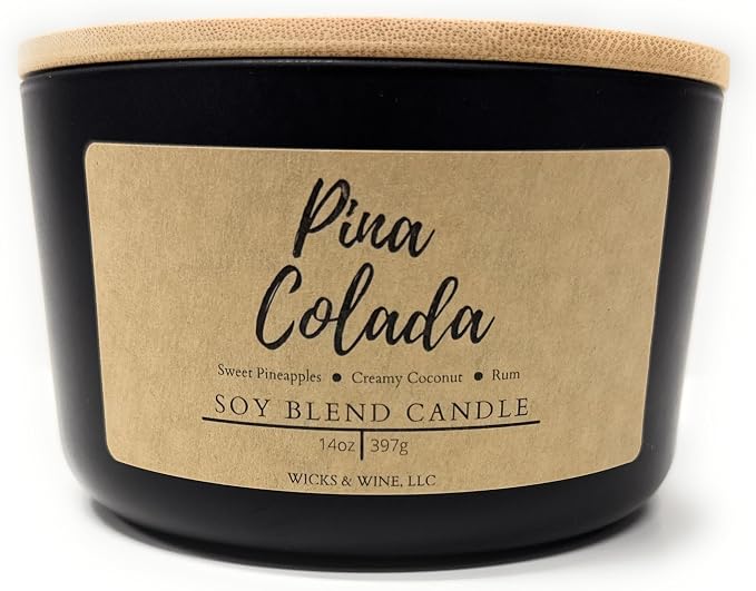 Wicks & Wine Soy Blend 3-Wick Cotton CORE Candle 14oz (Pina Colada)