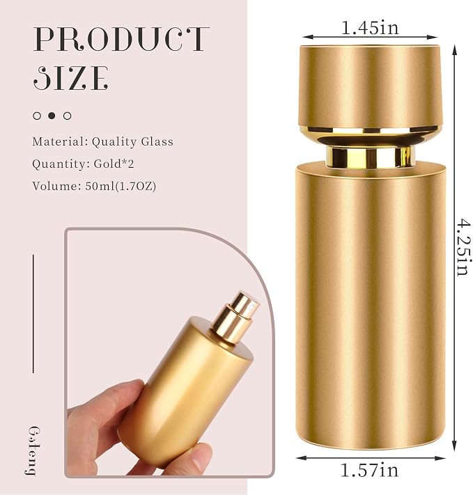 2pcs 50ml Glass Spray Bottle for Perfume,Refillable Travel Perfume Atomizer Bottles,Gold Portable Cologne Atomizer Empty Bottle. (Gold*2)