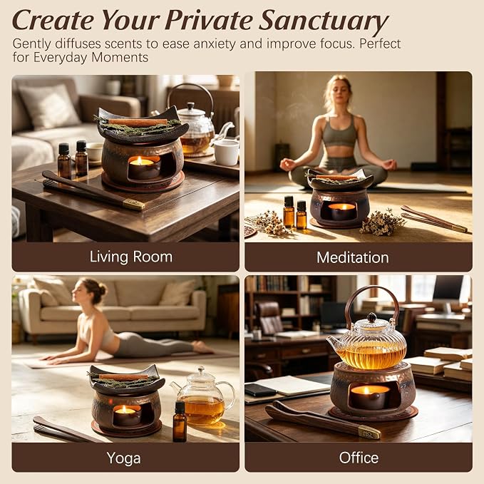 Cedar and Zen Herb Burner Kit, 1250°C High-Fired Aromatherapy Burner Set | Japanese Style, 6-Piece, With Tea Light Holder & Roof Tile, For Herbs & Cedar, Meditation, Yoga, Relaxation, Home Decor Gift