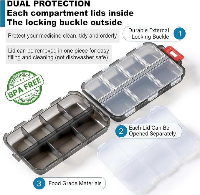 14 GRIDS Travel Pill Organizer Box with Labels - Travel Medicine Case Kit - Pocket Daily Pharmacy Container - Travel Medication Holder Dispenser for Fish Oil Vitamin Supplement Storage - Clear Gray