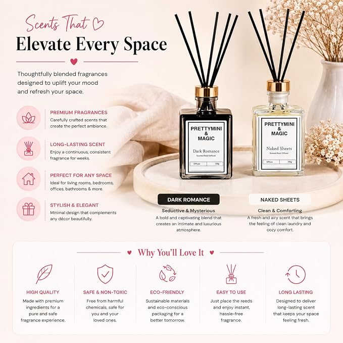 PRETTYMINI & MAGIC Reed Diffuser Set – Bohemian Rose + Beach Linen & Orange Blossom Home Fragrance, Long-Lasting Reed Diffusers for Home Fragrance with Sticks for Bedroom, Bathroom & Shelf Décor 3pk