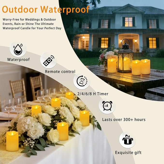 Outdoor Indoor Flameless Candles, Patented 3D Dual-LED, Set of 6 Slanted Top Durable Plastic Pillars with 2 Remotes & Timer, Non-Melting Waterproof Battery Candles for Patio Garden (Ivory)