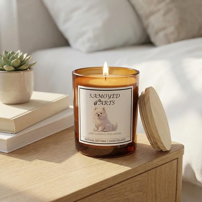 Samoyed Gifts for Women | Birthday Gifts for Mom | Light When Dog Farts Candle | Cedar By Natural Soy Wax | Pet Safe Friendly Memorial Candles for Home Scented Household Essentials