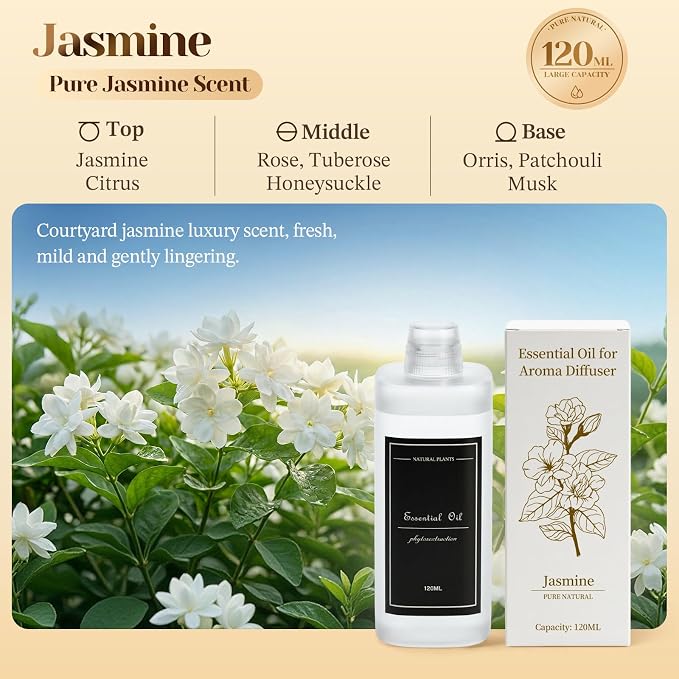 4.06 fl oz (120ml) Diffuser Oil for Home Fragrance Diffusers, Plant-Based & Alcohol-Free, Essential Oil for Bedroom, Bathroom, Office, Car (Jasmine)
