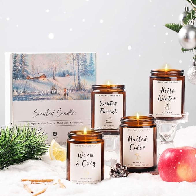 4 Pack Candles for Home Scented, 28oz Soy Candle Set, Scented Candles with Apple Cinnamon, Fir Balsam, Mulled Cider, Sandalwood – Holiday Candle Gifts for Women, Mothers, Galentines Day & Cozy Nights