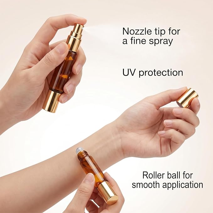 4 Pack Double Ended Perfume Bottle Travel Perfume Bottle Refillable with Spray and Roller Ball Essential Oil Roll on Bottles Perfume-Dispenser Transfer Tools Kit for Essential Oils, Makeup Remover