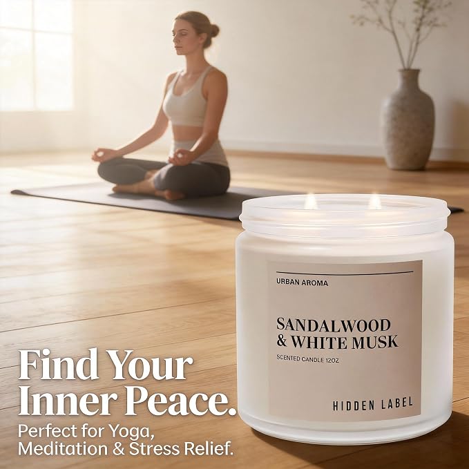 Hidden Label Sandalwood White Musk Soy Candle, 12oz 2-Wick, 70H Zen Calm | Non-Toxic Vegan Soy Wax | Sandalwood & White Musk Grounding Scent | Even Melt No Tunneling | Yoga Meditation Relaxation Gift