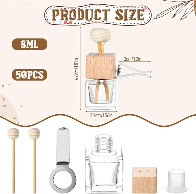 50 Pack Car Air Freshener Diffuser with Vent Clip, Clear Glass Perfume Bottle, Car Diffuser Bottles Empty Bulk for Essential Oil Perfume Glass Bottle with Wooden Caps Stick, for Auto Fragrance