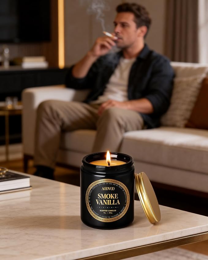 AOOVOO Scented Candles for Men - Smoke & Vanilla Candles for Home Scented | Soy Candles | Strong Fragranced Masculine Black Candle Gift for Women & Men, 9oz