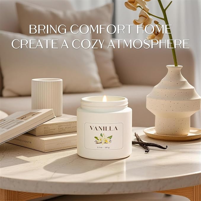 NORVENCE Vanilla Candle, Scented Candles Gift Set, Stress Relief Candles for Home, Premium Soy Candle Set, Candles for Women and Men (White, 7 oz)