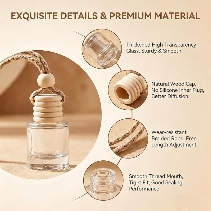 10 Pcs 5ml/0.17oz Hanging Car Air Freshener Bottles, Empty Clear Glass Diffuser Vials with Natural Wood Cap & Adjustable Rope, Refillable Car Perfume Pendant for Aromatherapy Fragrance Home Office