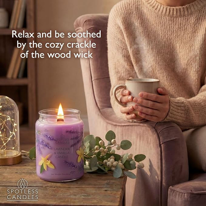 Spotless Leopard Vanilla & Lavender Candle 22oz Glass Jar with Wooden Wick in a Decorated Jar Within a Presentation Gift Box and Protective Shipping Box