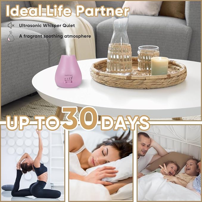 HAPPTWS Essential Oil Diffuser - Waterless Diffuser 3 Timer Settings Battery Powered for Bedroom Yoga Room Toilet Pet Room - Pink