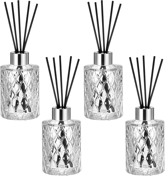 4 Set Empty Reed Diffuser Bottle Set with Stick, 150ml Refillable Patterned Glass Vase with Black Rattan Reed & Cap for DIY Essential Oil, Home Fragrance, Bulk,Silver
