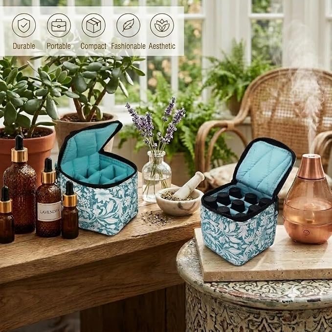 9 Bottles Essential Oil Carrying Case with Thick Foam Protection, Portable and Shockproof Organizer for 5ml to 10ml,15ml Bottles, Nail Polish, Roller Balls and Travel (Aqua Green)