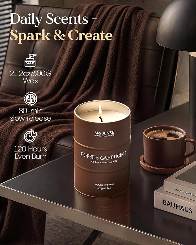 M&SENSE Coffee Cappuccino Large Scented Candles Christmas Decor, Hoilday Soy Wax Christmas Candle 21.2oz 120 Hours, Coffee Aroma Candle Unique Housewarming Appreciation Gifts