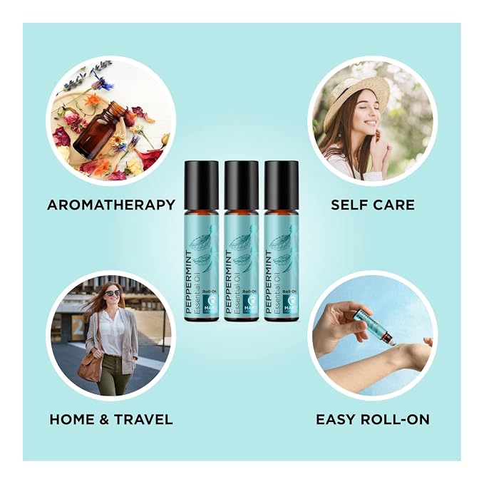 Peppermint Oil Roll on - Pure Peppermint Rollerball Essential Oil Aromatherapy Stick for Headaches - Natural Travel Essential and Pregnancy Must Have for Headaches Energy & Focus Support (3 Pack)