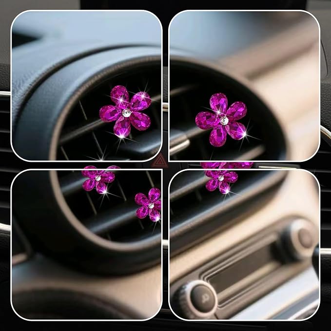 Bling Daisy Flower Car Air Vent Clips, 5PCS Sparkling Crystal Rhinestone Cute Vehicle Air Conditioning Clamp, Diamond Auto Air Outlet Clip Decor for Women Girls (Rose Red)
