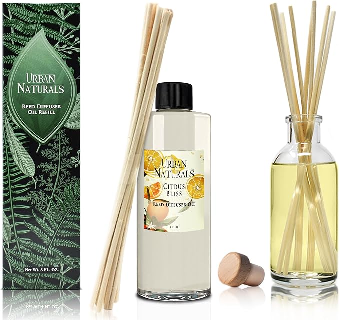 Urban Naturals Reed Diffuser Oil Refill Citrus Bliss with Mandarin, Grapefruit, Lemon Water, Clementine, Green Notes 8 oz + Free Reed Sticks, Made in the USA