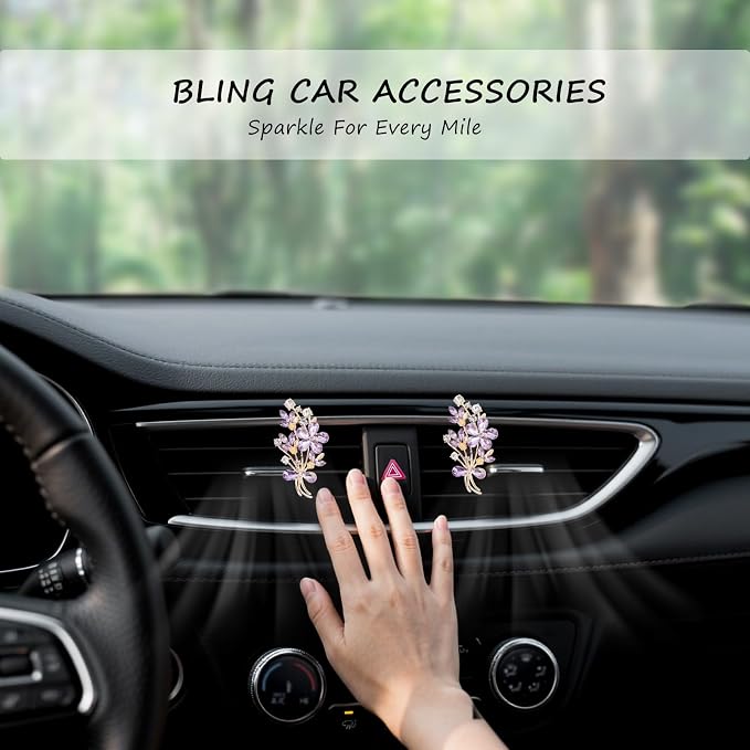 ORIESSE 2pcs Flower Car Vent Clips Car Air Freshener Bouquets Flower Purple Car Accessories for Women Rhinestone Flower Air Vent Clips Car Decor,Sparkling Refillable Car Diffuser