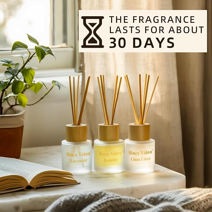 Reed Diffuser Set of 3, Binca Vidou Natural Scent Oil Diffusers with Sticks for Home Office Bathroom Aromatherapy Decor 1.69oz x 3(Lavender, Linen & Jasmine)