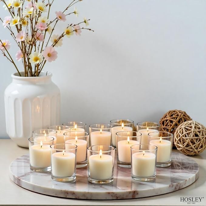 Hosley 48 Pack White Unscented Votive Candles, Clear Glass, Hand-Poured Wax, Bulk Wedding & Party Candles for Gifts, Tables, Aromatherapy & Holidays Party Weddings Birthdays (White)