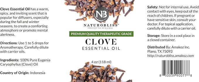 NaturoBliss Clove Essential Oil 4 oz – 100% Pure Clove Bud Oil for Aromatherapy, Diffuser & Humidifier Use, Warm Spicy Scent for Home Fragrance, Large Amber Glass Bottle