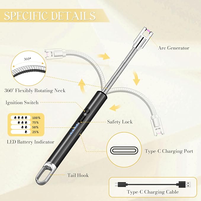Electric Lighter, Candle Lighter Flameless Windproof with 360° Flexible Neck & LED Power Display, Type C Arc Rechargeable Lighters for BBQ, Camping, Cooking, Gift for Christmas, Thanksgiving, Birthday