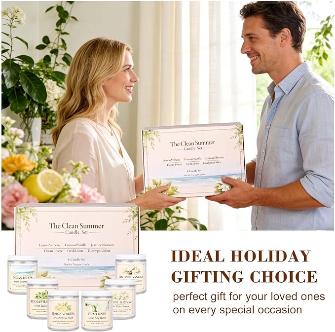 Scented Candle Gift Set, 6 Pack 7oz Natural Soy Wax Aromatherapy Candles, Coconut Vanilla Lemon Verbena Fresh Linen Scents, Long Burning Candles for Home Relaxation & Gifting