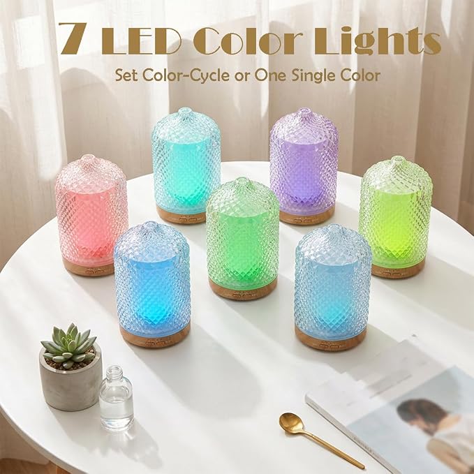 Diffuser with 3 Essential Oils,Glass Aroma Diffusers,200ml Small Humidifier for Bedroom with Timer,7 LED Color Lights,Auto Shut-Off Waterless Function for Office Home Room Decor Gifts for Women