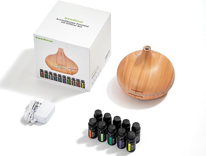 InnoGear Aromatherapy Diffuser & 10 Essential Oils Set, 400ml Diffuser Ultrasonic Diffusers for Home Cool Mist Humidifier with 4 Timers 7 Colors Light Waterless Auto Off, Yellow Wood Grain