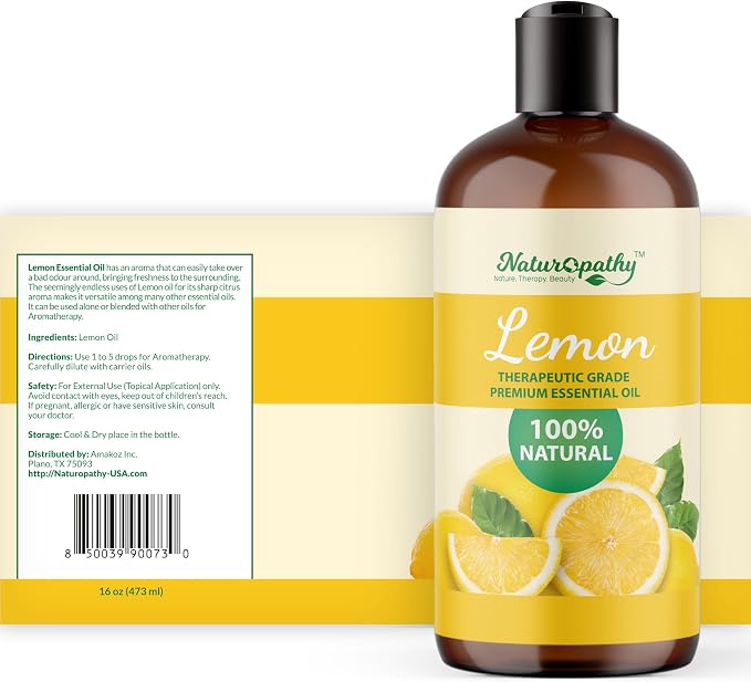 Naturopathy Lemon Essential Oil, 100% Natural Therapeutic Grade, Premium Quality Lemon Oil, 16 fl. Oz - Perfect for Aromatherapy and Relaxation