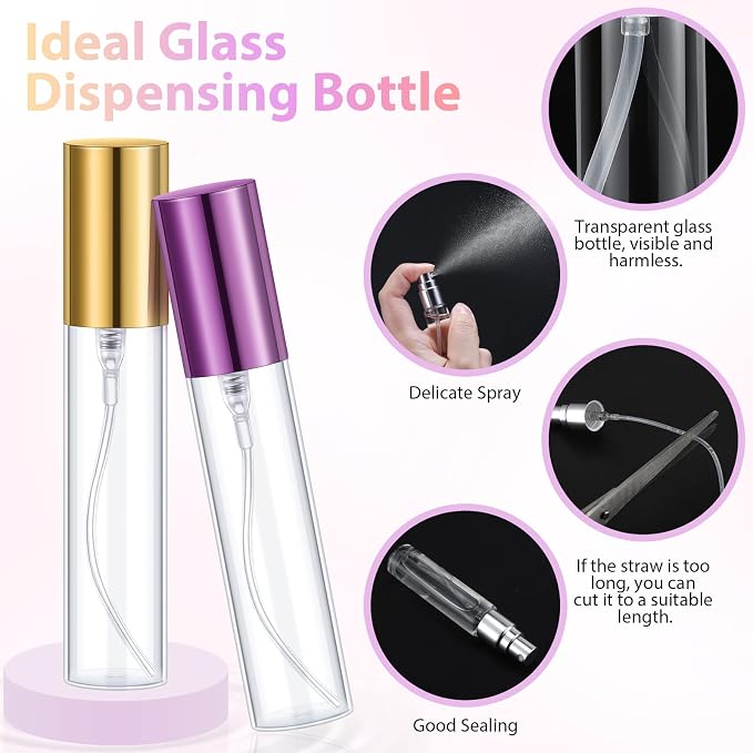 Yinder 25 Pcs 10ml Travel Spray Bottle Refillable Perfume Atomizer Bulk Glass Mini Cologne Perfume Bottles Empty Fine Mist Portable Small Sample Containers(Black, Red, Purple, Gold, Silver)