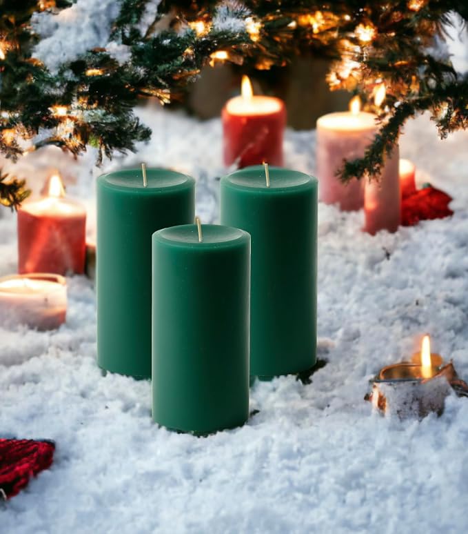 Mister Candle Dripless Unscented Pillar Candles, Set of 3 Hand Poured Hunter Green Pillar Candles, Solid Color Non-Scented Candles for Home Decor, Premium Wax, 80 Hr Burn Time, 3x6 Inch