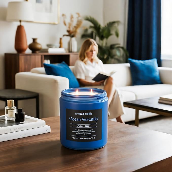 CHILLFLAME Scented Candles, 14.1 oz Scented Candles for Home, 2 Wicks Blended Scents Aromatherapy Candles for Women and Men, Birthday Gifts for Women (Ocean+Mint+Green Tea)