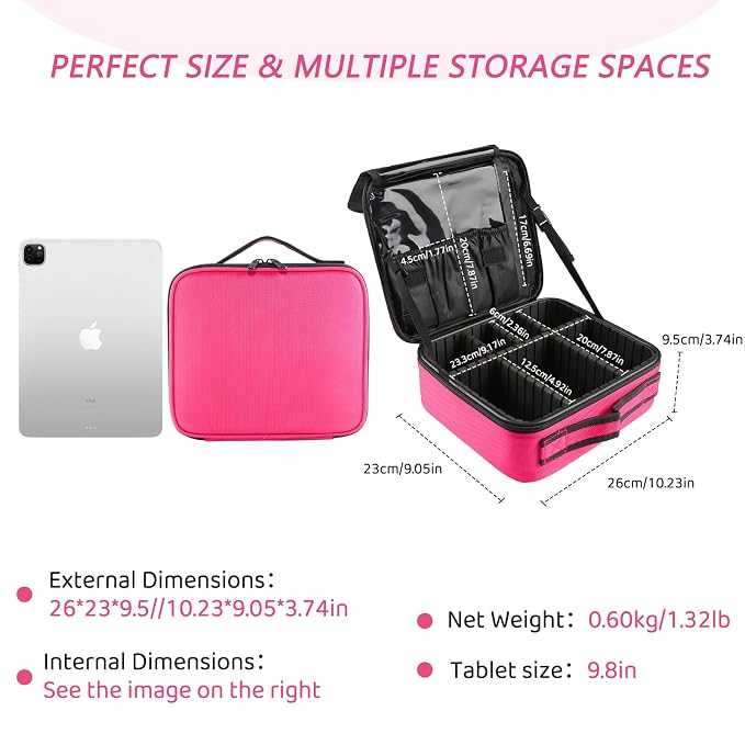 gzcz Travel Makeup Bag,Portable Makeup Case for Women,Professional Cosmetic Train Case Organizer Artist Storage Bag With Adjustable Dividers Brushes Toiletry Jewelry Digital Accessories