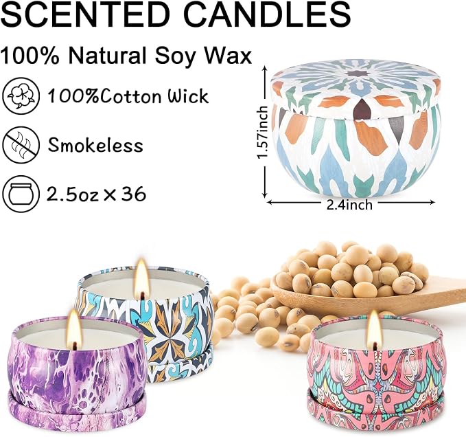 Onebird Set of 36 Scented Candle Gift Set,Natural Pure Soy Wax Aromatherapy Candles Essential Oils for Home and Women