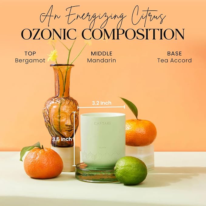 CAFTARI Elixir Scented Candle | Bergamot, Mandarin & Tea Accord | Soy Candles Non Toxic | 60- Hour Burn | Spring Candle | Uplifting Aromatherapy | Ceramic Jar | Luxury Gift for Women | 10.5 oz