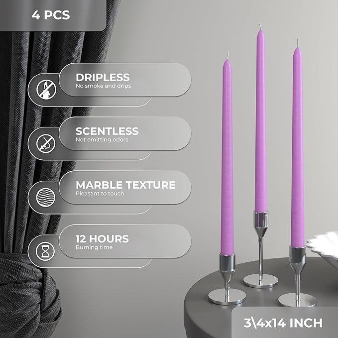 CANDWAX 14 inch Taper Lilac Candles Pack of 4 - Unscented Smokeless Dripless Tall Candlesticks - Perfect for Special Occasions, Ordinary Dinners, for Mother's Day - Lavender Candle Sticks